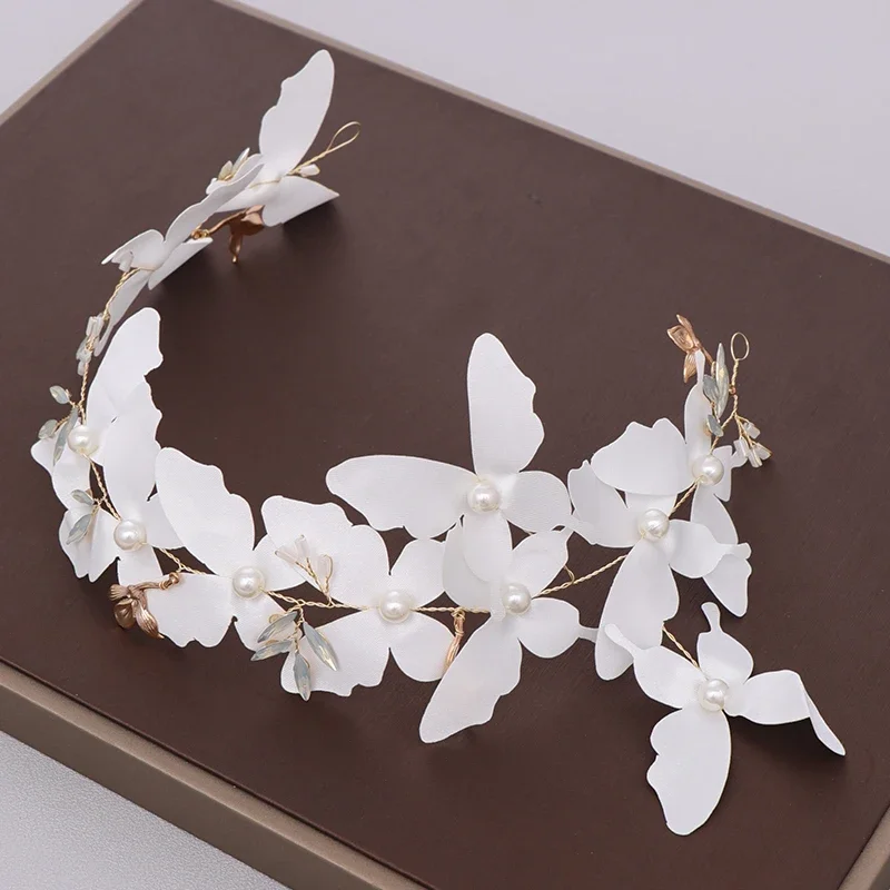 White Butterfly Pearl Headband Hairbands Women Wedding Hair Accessories Handmade Rhinestone Tiara Headdress Bridal Hair Jewelry