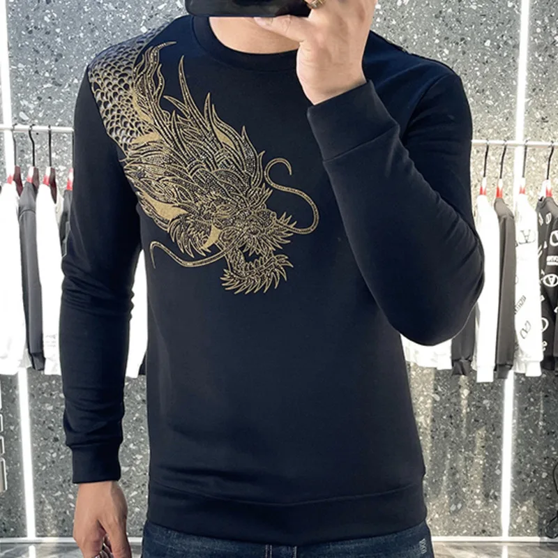 

European High Street Fashion Men Long Sleeve Tees animal dragon rhinestones Pattern T Shirts Personalized Comfortable Tees