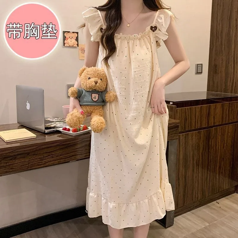 

2XL Large Size Woman Fly Sleeves Summer Nightgown with Chest Pad Korean Sweet Loose Sleep Dress Pajamas Outside Home Wear