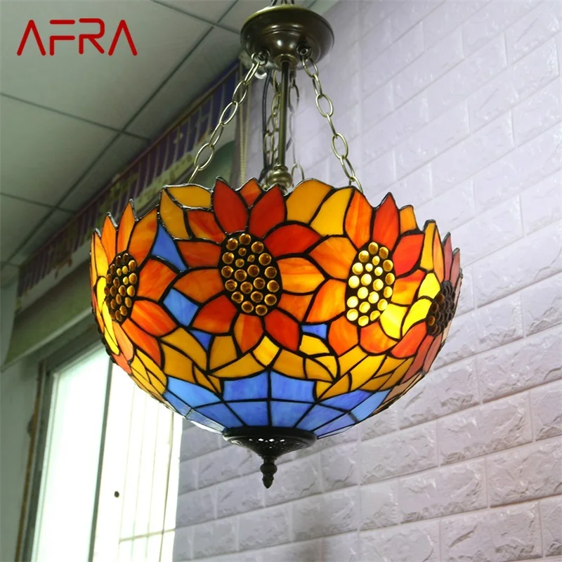 AFRA Tiffany Pendant Light Contemporary LED Sunflower Figure Lamp Fixtures For Home Dining Room