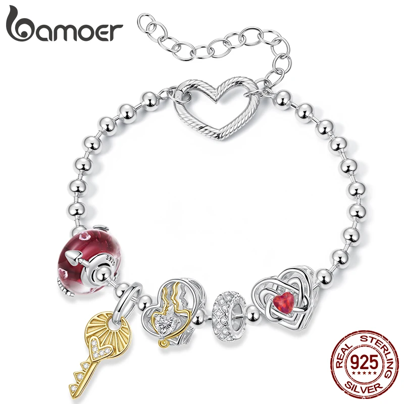 

Bamoer 925 Sterling Silver Two-tones Heart Charm Key Pendant Red Murano Beads for Women Bracelet Accessories DIY Valentine' Gift
