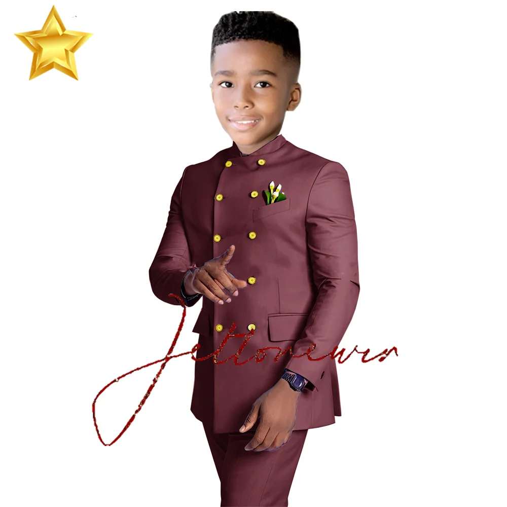 Burgundy Suit for Boys Wedding Tuxedo for 2-16 Years Old Double-breasted Jacket and Pants 2-piece Set Gold Buttons Blazer