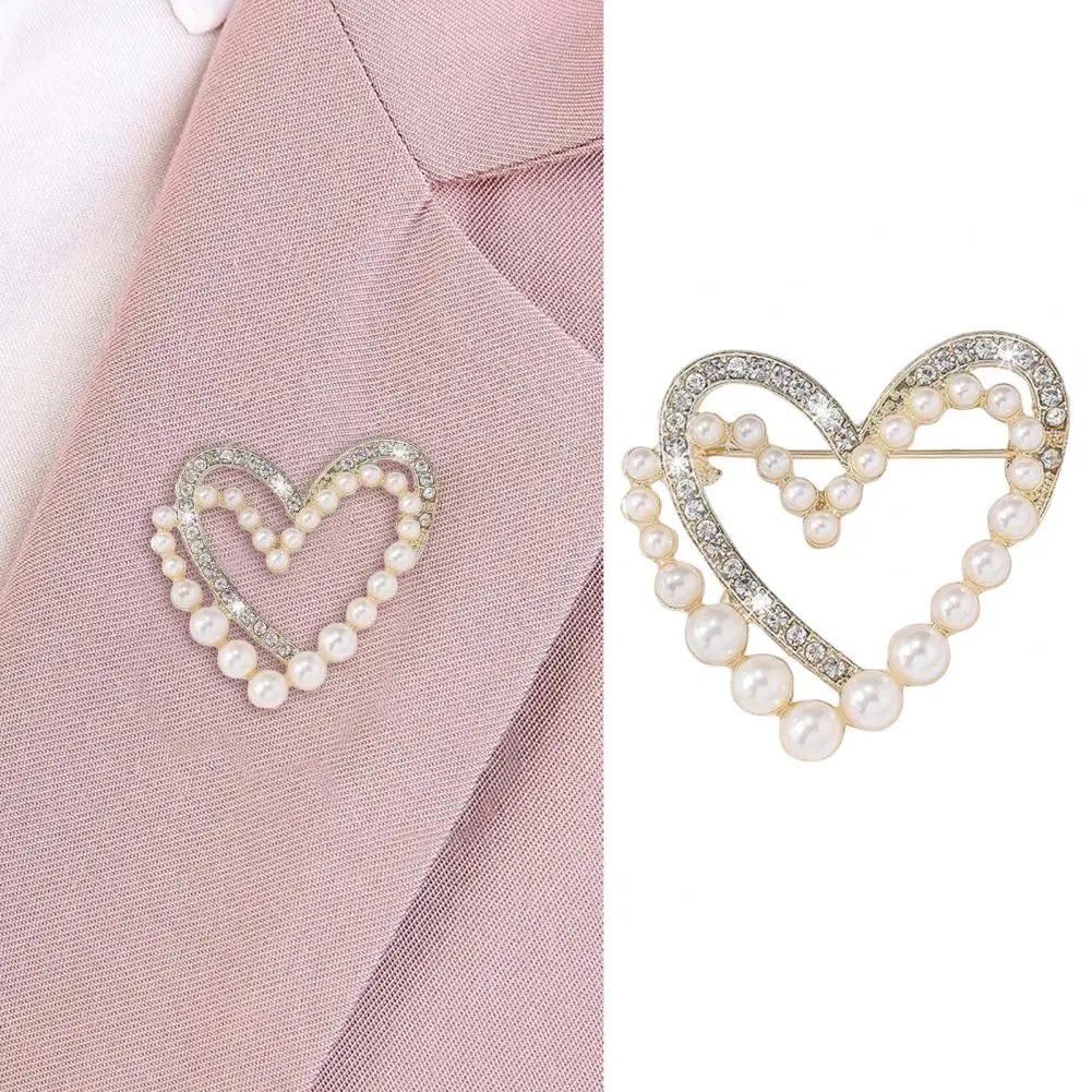 Heart Shape Brooch Pin Shiny Rhinestones Brooch Pin Faux Pearls Corsage Suit Lapel Pin Clothes Decoration Jewelry Accessories