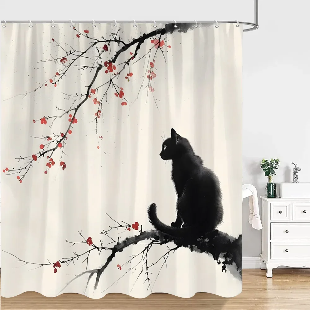 Chinese Japanese Ink Painting Shower Curtain Red Plum Blossom Art Painting Retro Style Polyester Shower Curtains Bathroom Decor