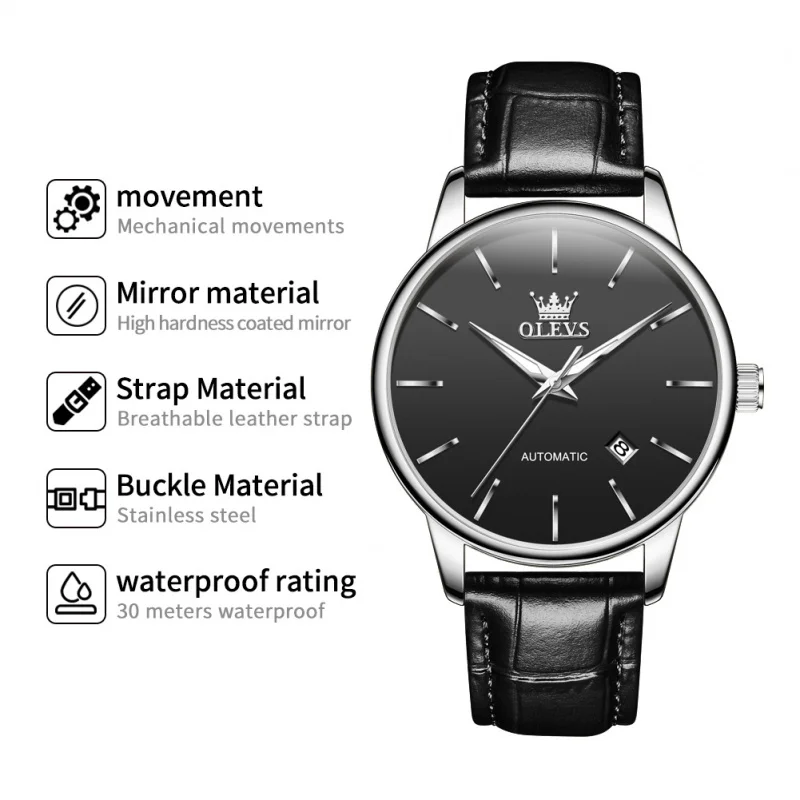 OLEVS 6725 Mens Watch Original Luxury Automatic Mechanical Watch Movement Waterproof Luminous Watch Single Calendar Design