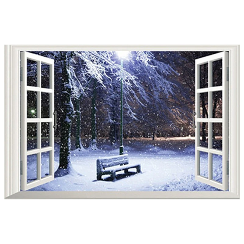 Outside Window Heavy Snow Night View 3D Vinyl Wall Stickers City Park Snowy Scenery Mural Home Decorations for Aesthetic Rooms