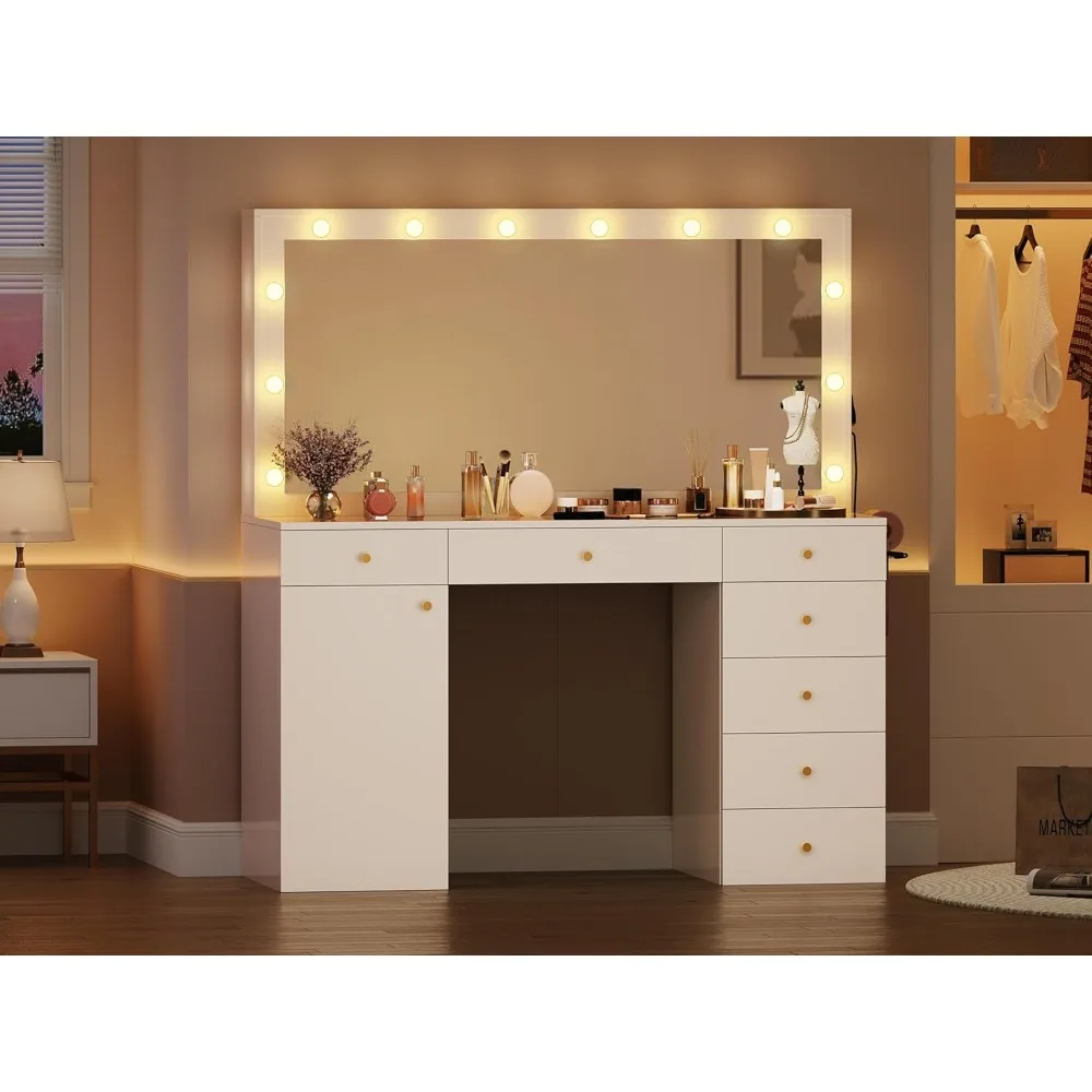 56'' Vanity Desk with Mirror, 12 LED Hollywood Lights, 7 Drawers, Cabinet, Power Outlet, 3 Light Modes, Large Makeup Vanity Desk