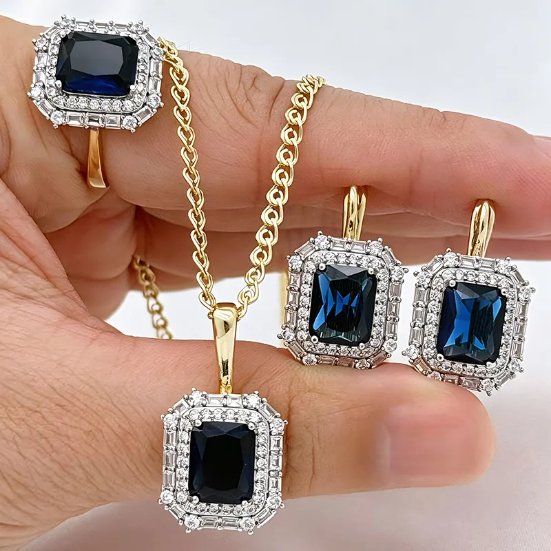 Kinel Quadratischer Blauer Natürlicher Zirkon Ring Ohrringe Halskette Echt 14K Gold Plattiert Silberfarben Mix Damen Täglicher Vintage Schmuck Set