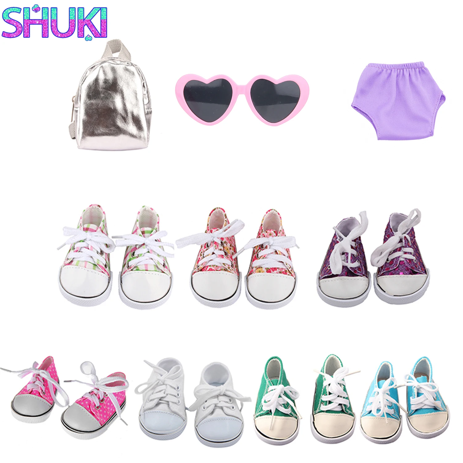 Pakaian kanvas bunga 7cm sepatu boneka sepatu hitam tas Sneakers cocok untuk 18 inci Amerika & 43cm bayi baru lahir perempuan, OG 1/3 mainan boneka