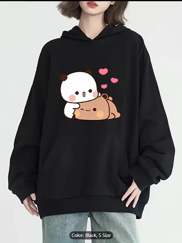 Langärmliger Kapuzenpullover mit Bären-Aufdruck, süßer Kapuzenpullover mit Bären- und Herz-Aufdruck, langärmliges Strick-Polyester-Kapuzenpullover mit Tasche