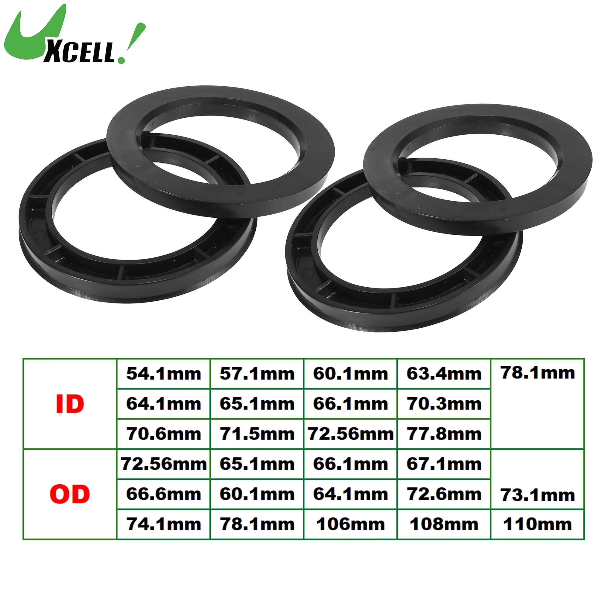 UXCELL OD 자동차 허브 중심 링, 휠 보어 중심 스페이서, ID 54.1mm, 57.1mm, 60.1mm, 63.4mm, 64.1mm, 65.1mm, 66.1mm, 74.1mm, 4 개