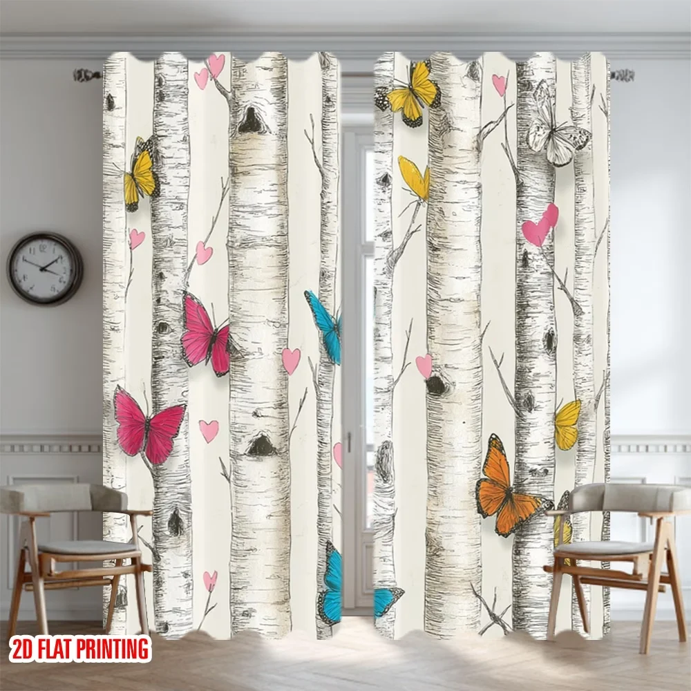 2PCS Digital Printed Curtains, Butterflies on Tree Trunk Nature Insect, Window Curtains for Living Room Bedroom Home Decoration