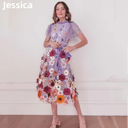 Jessica Embroidery Flowers Prom Dresses Purple Tulle Knee-length Evening Dresses Sweet Wedding Party Dresses 2024فساتين سهرة