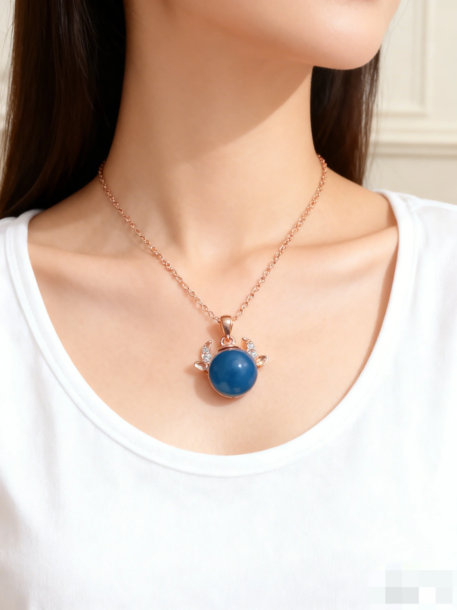 Cute Bull Head Pendant Necklace with Natural Mexican Blue Amber, 15mm Sterling Silver Animal Jewelry Gift