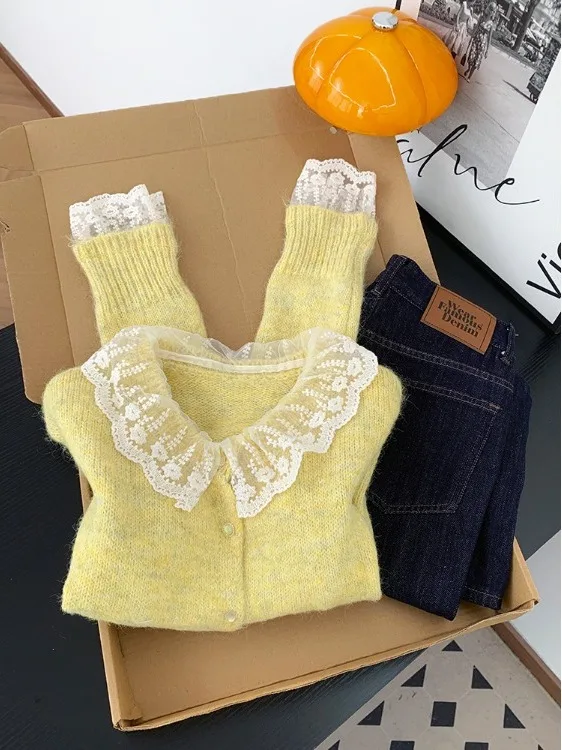 لينة الأصفر الدانتيل تقليم سترة مشغولة من الصوف المرأة الخريف الشتاء ort الحلو الشباب تنوعا سترة مريحة تناسب طويلة Sve