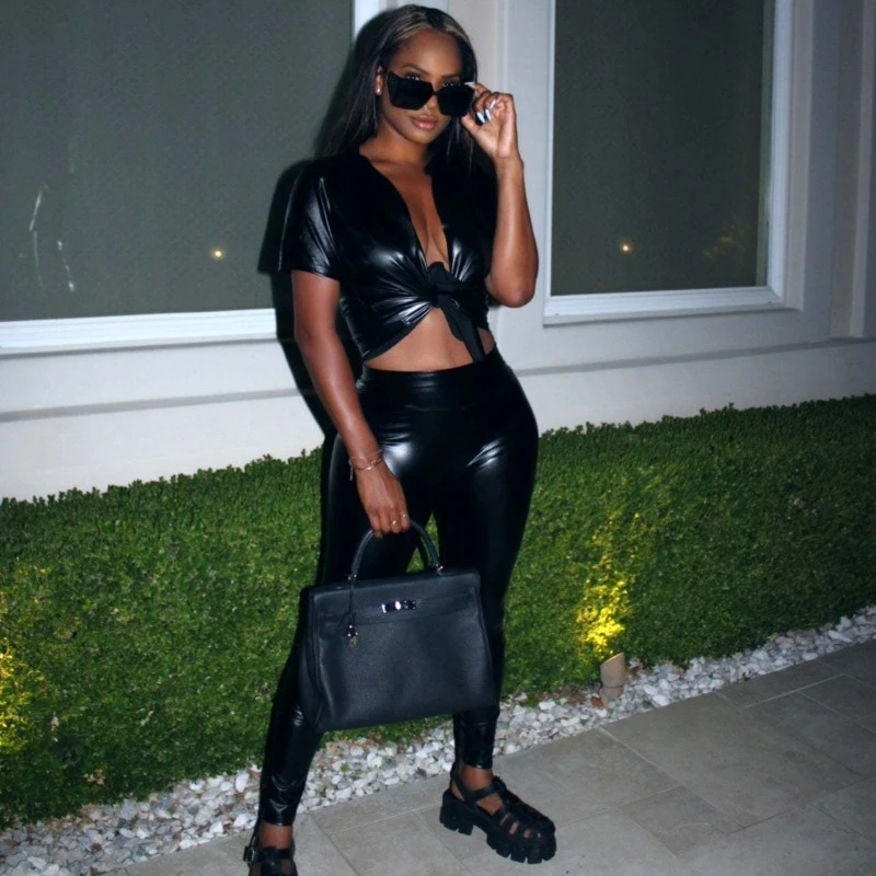 

Mirror PU Leather Black Sexy 2 Piece Set Women V Neck Short Sleeve Lace Up Crop Top High Waist Pencil Pants Trend Casual Suits
