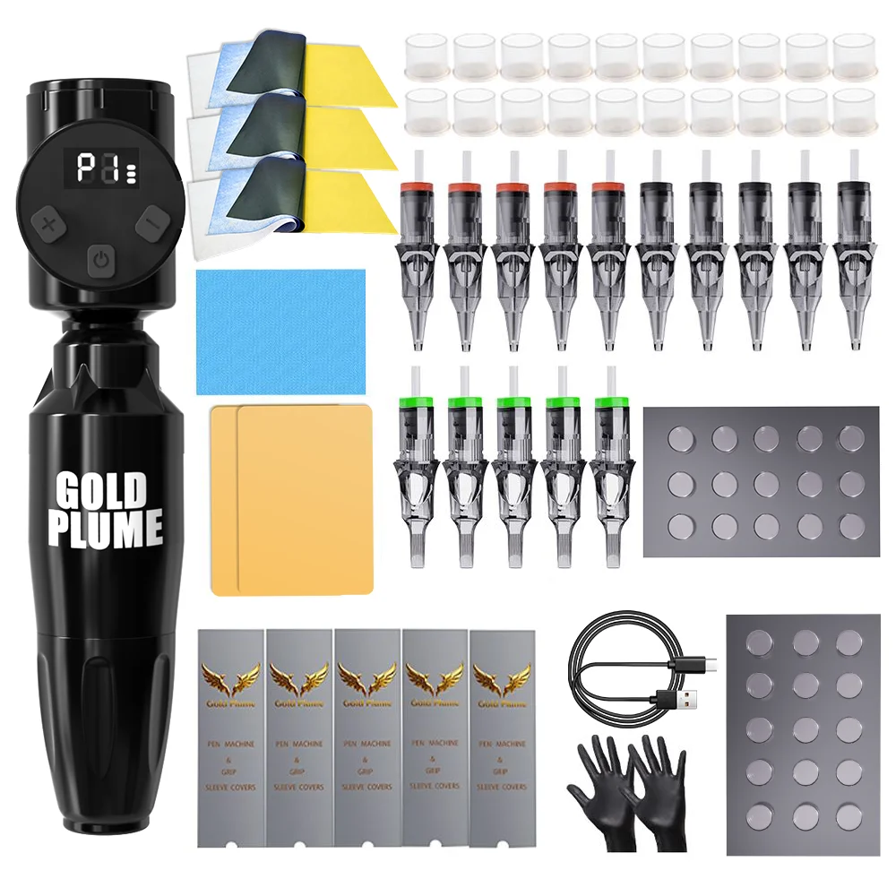 GoldPlume Wireless Tattoo Pen Kit with LCD Display, 15 Cartridge Needles, Ink Cups, Gloves, Wipes & USB Cable for Beginners