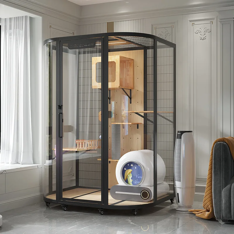 Cat villa luxury large space DIY solid wood climbing frame household glass panoramic house cabinet cage can put cat litter box