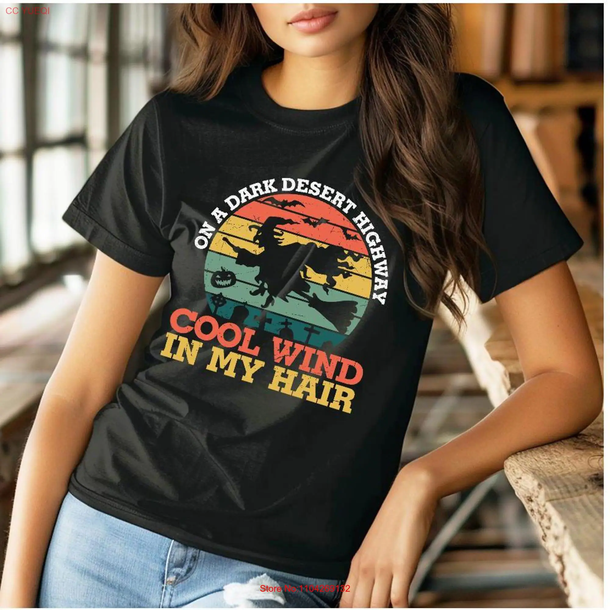 On A Dark Desert Highway Flying Witch District T Shirt Retro Halloween Witchy Vintage long or short sleeves