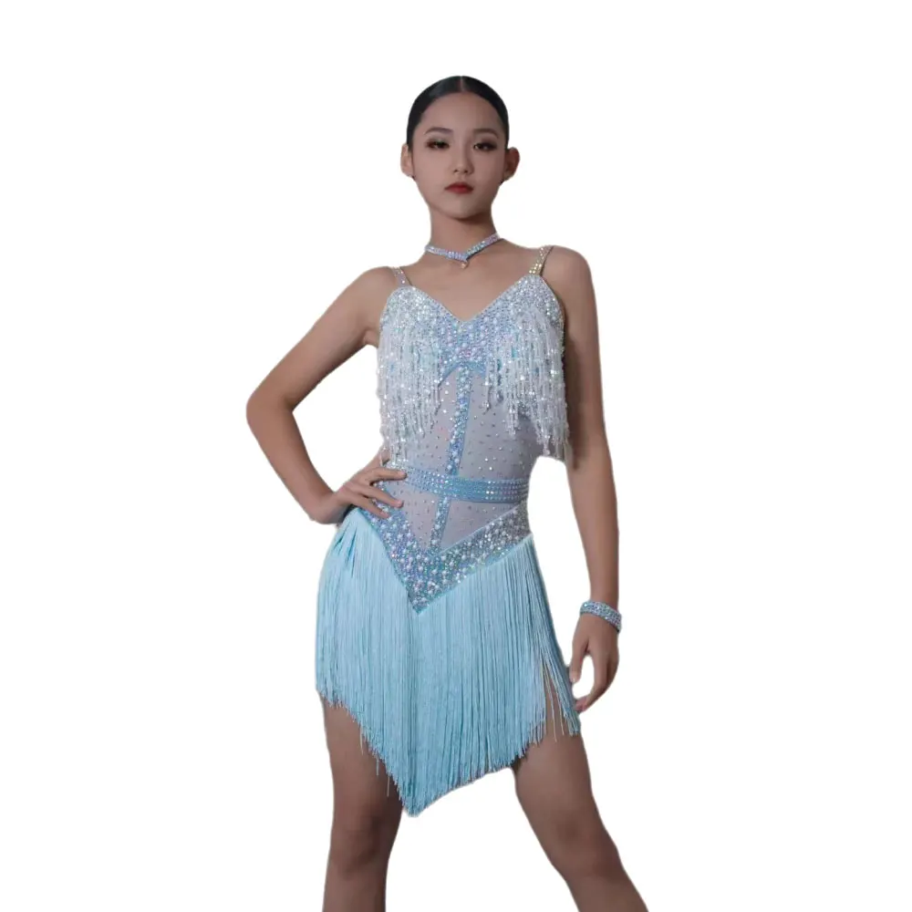 

Женское платье для латинских танцев с бриллиантами, высококачественное танцевальное платье с кристаллами и синими ремешками, платье для выступлений самбы