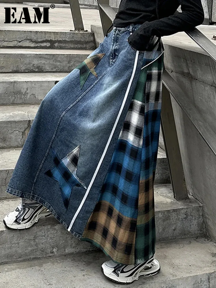 [EAM] High Elastic Waist Blue Back Plaid Denim Long A-line Half-body Skirt Women Fashion Tide New Spring Autumn 2024 1DH8117