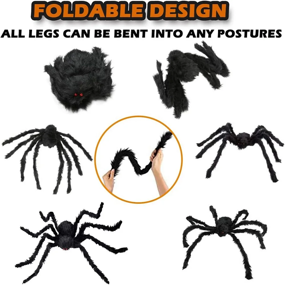 30cm/90cm/125cm/200cm Halloween Spider Decoration Simulation Black Plush Spiders for Halloween Indoor Outdoor Garden Decorations