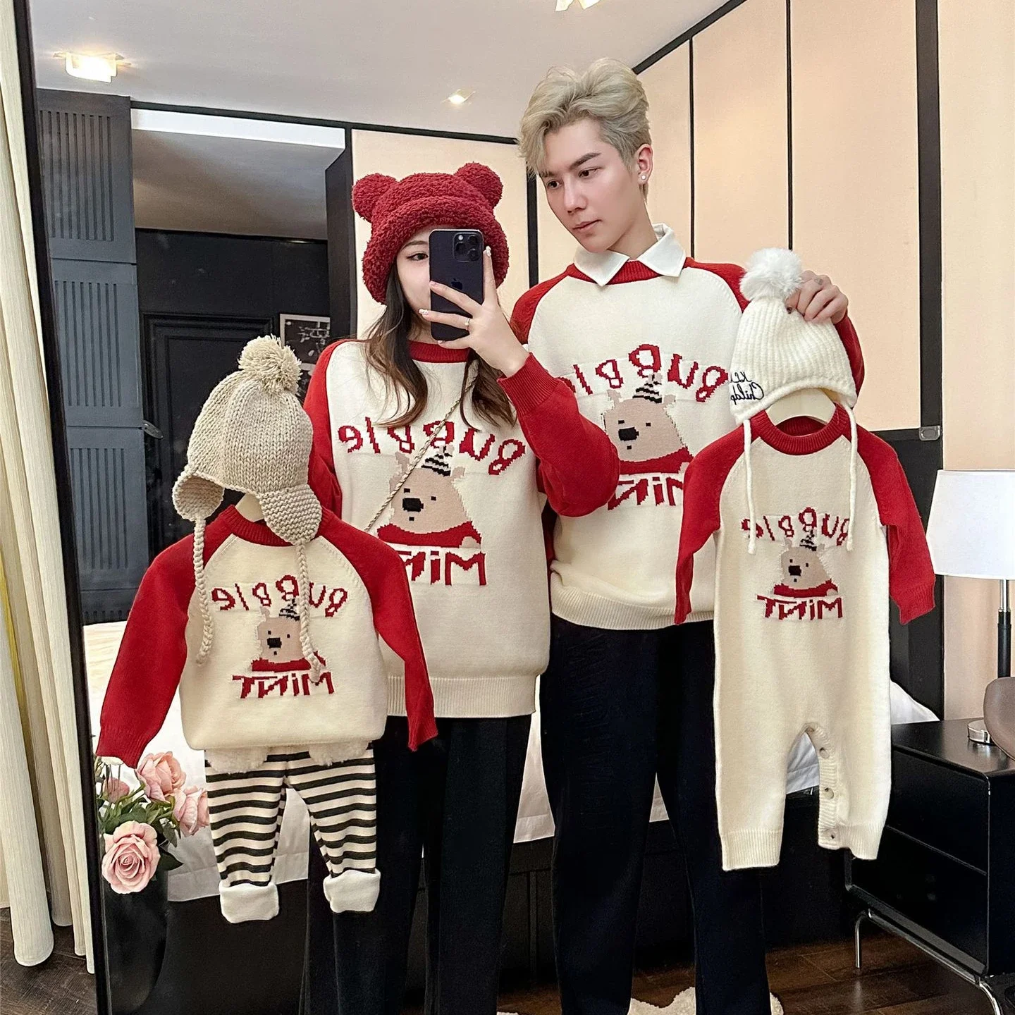 

Matching Family Christmas Pullover Womens Holiday Sweater for Mom and Daughter Knit Tops Dad Son Knitted Jumper Baby Knit Romper