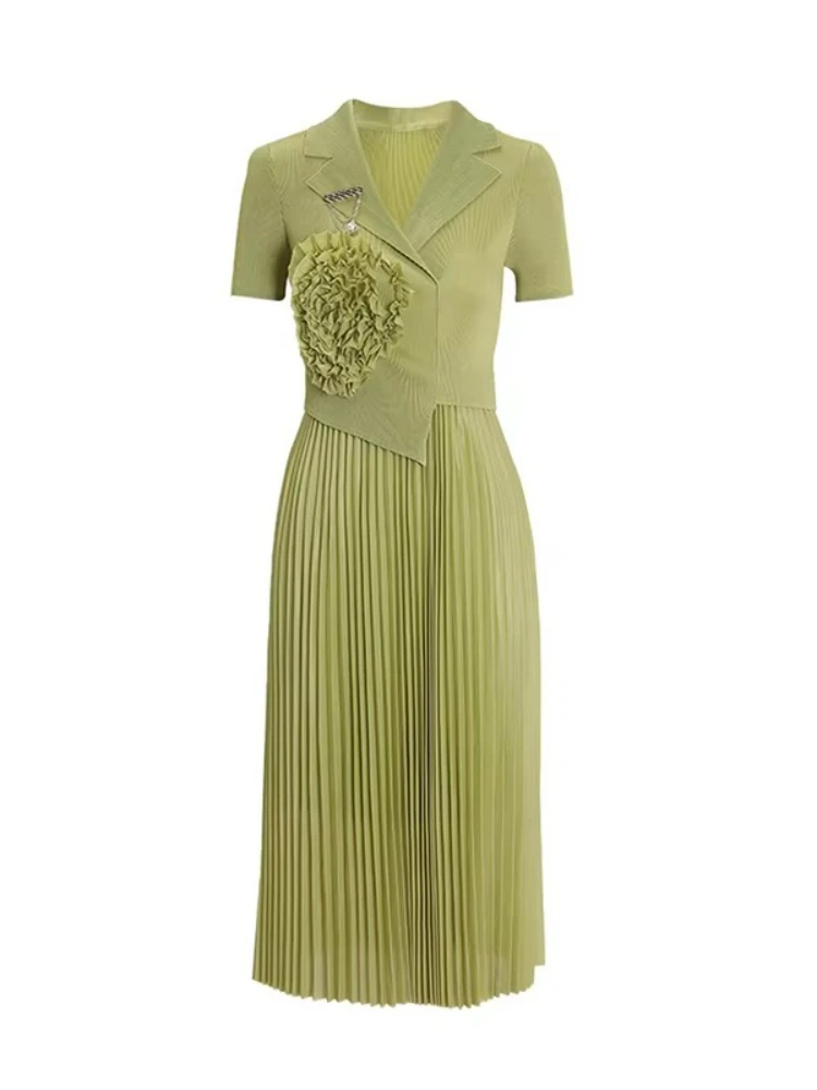 

Miyake, летнее элитное плиссированное женское платье, новый темперамент, эластичный костюм для похудения на талии, платья с короткими рукавами и воротником