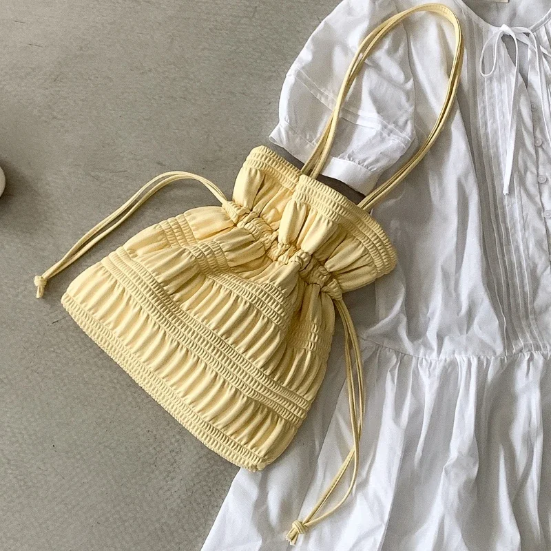 Summer New Style Drawstring Pleated Single Shoulder Bag Designer Soft PU Leather Fashionable Versatile Korean Bucket Bag 2026