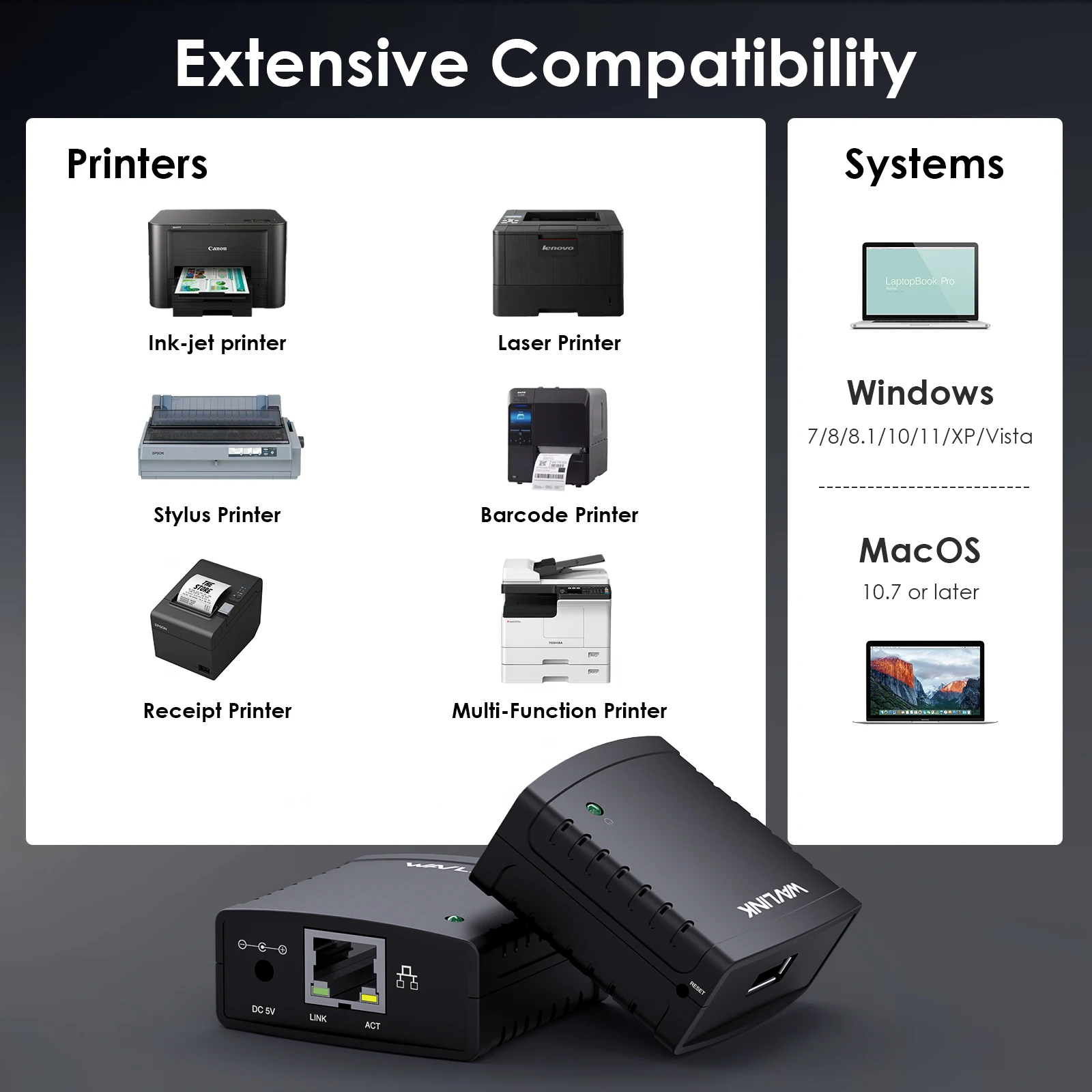 Wavlink Wireless USB Printer Server 10/100Mbps Ethernet to USB2.0 Network LPR Print Server/2.4G WiFi Standard Networking Adapter images - 6
