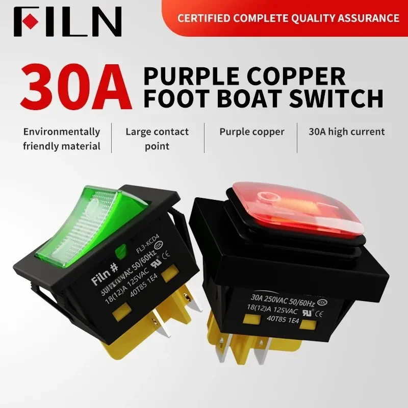 FILN DPST IP67 Sealed Waterproof T85 Auto Boat Marine Toggle Rocker Switch with LED 12V 220V 30x22 30A/250V Heavy Duty 4 Pin