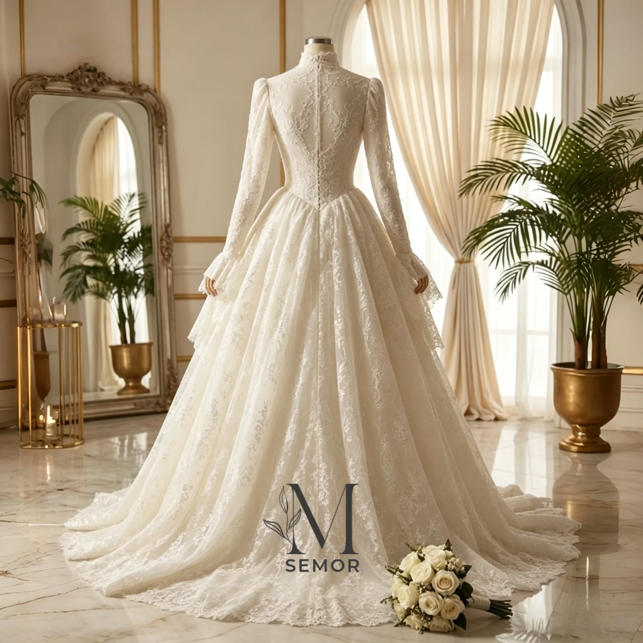 Semor Exquisite Muslim A-line Lace Wedding Dress 2026 Arabic O-Neck Full Bell Sleeves Pleat Vestido De Novia Princesa Customized