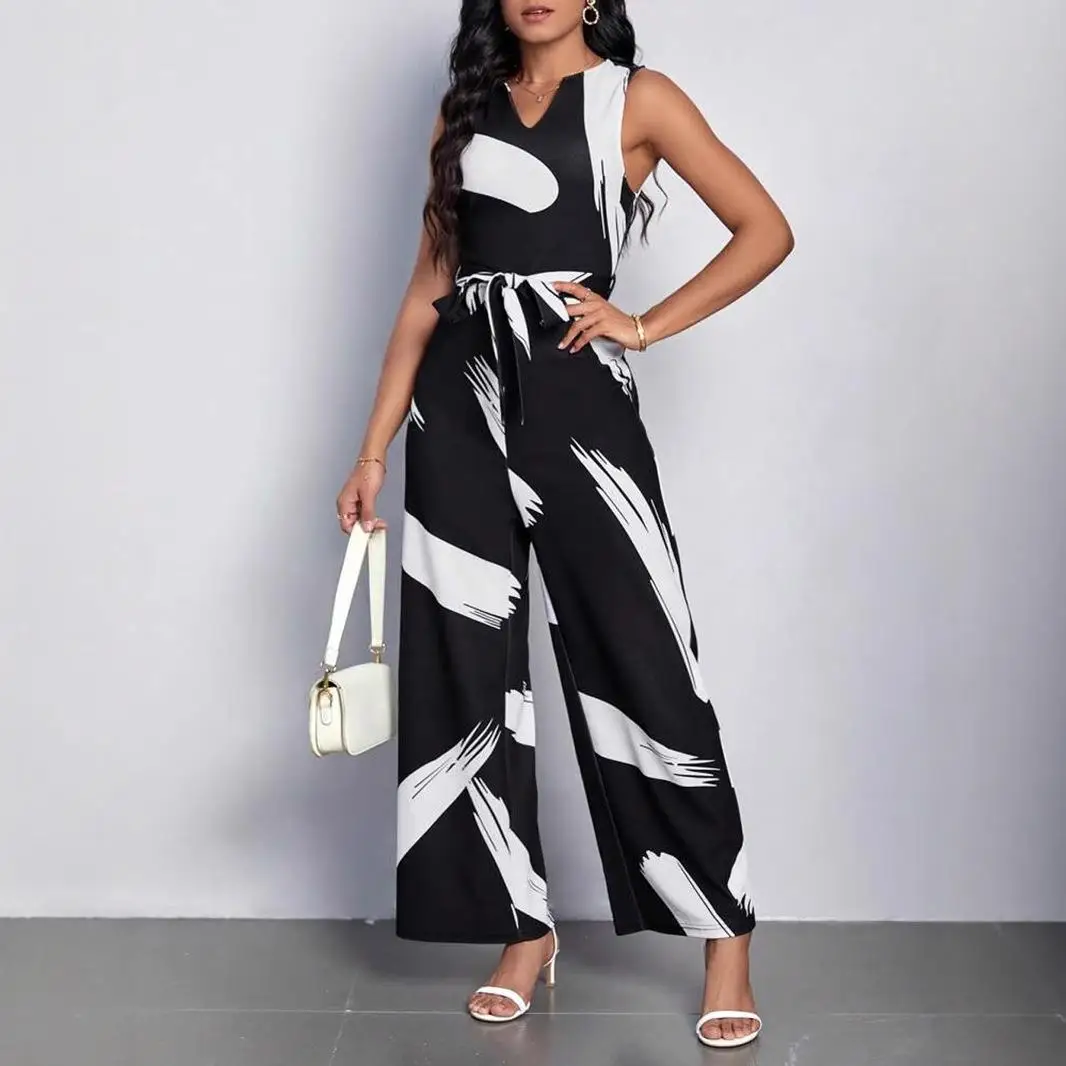 

Женский комбинезон-брюки с широкими штанинами и принтом, лето 2024, средняя талия, эластичный пояс, хлопок, лайкра