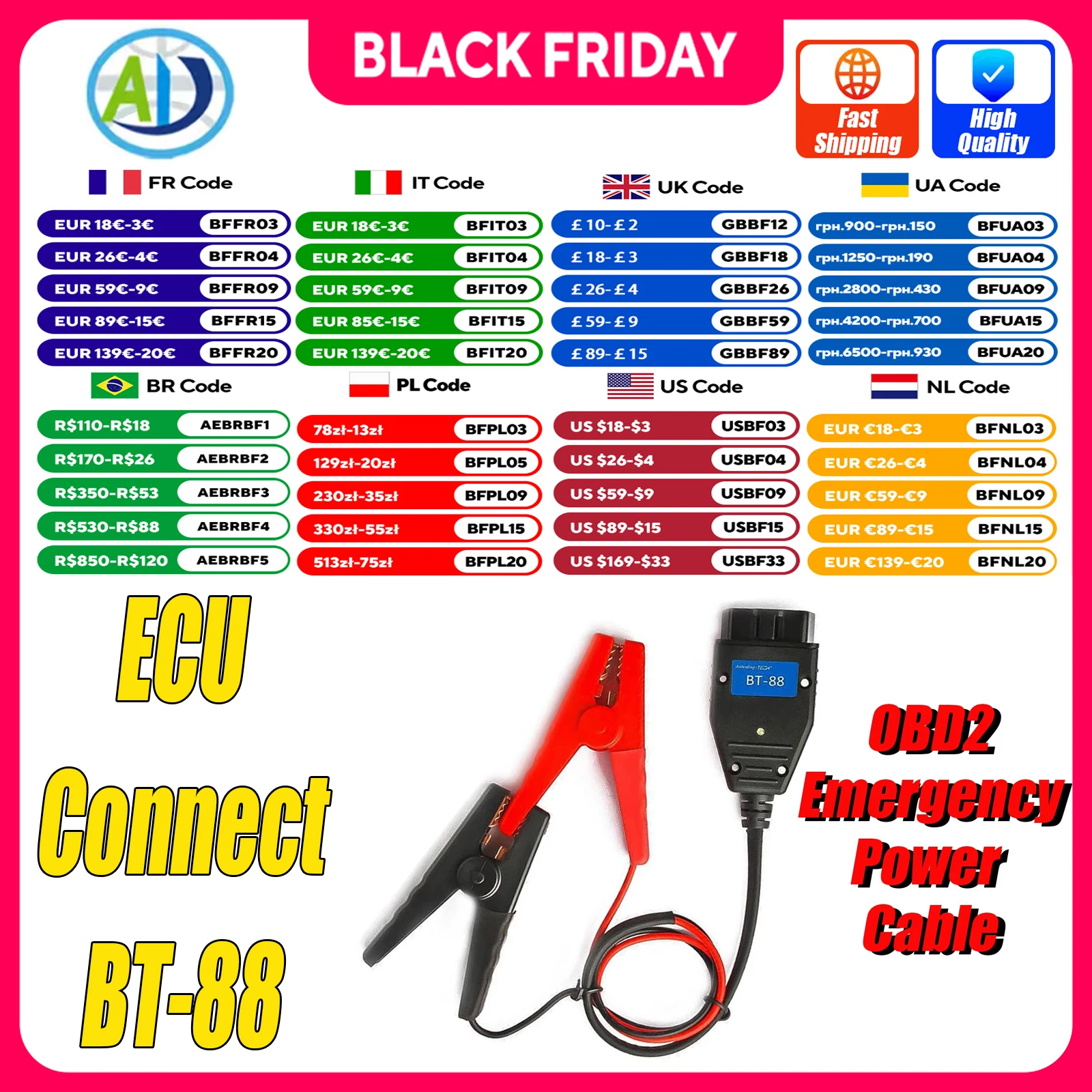 Car Emergency Power Cable OBDII Emergency Electrical Battery Cable Car Fuel Auto ECU Memory Saver Cable ECU OBD2 Connector BT-88