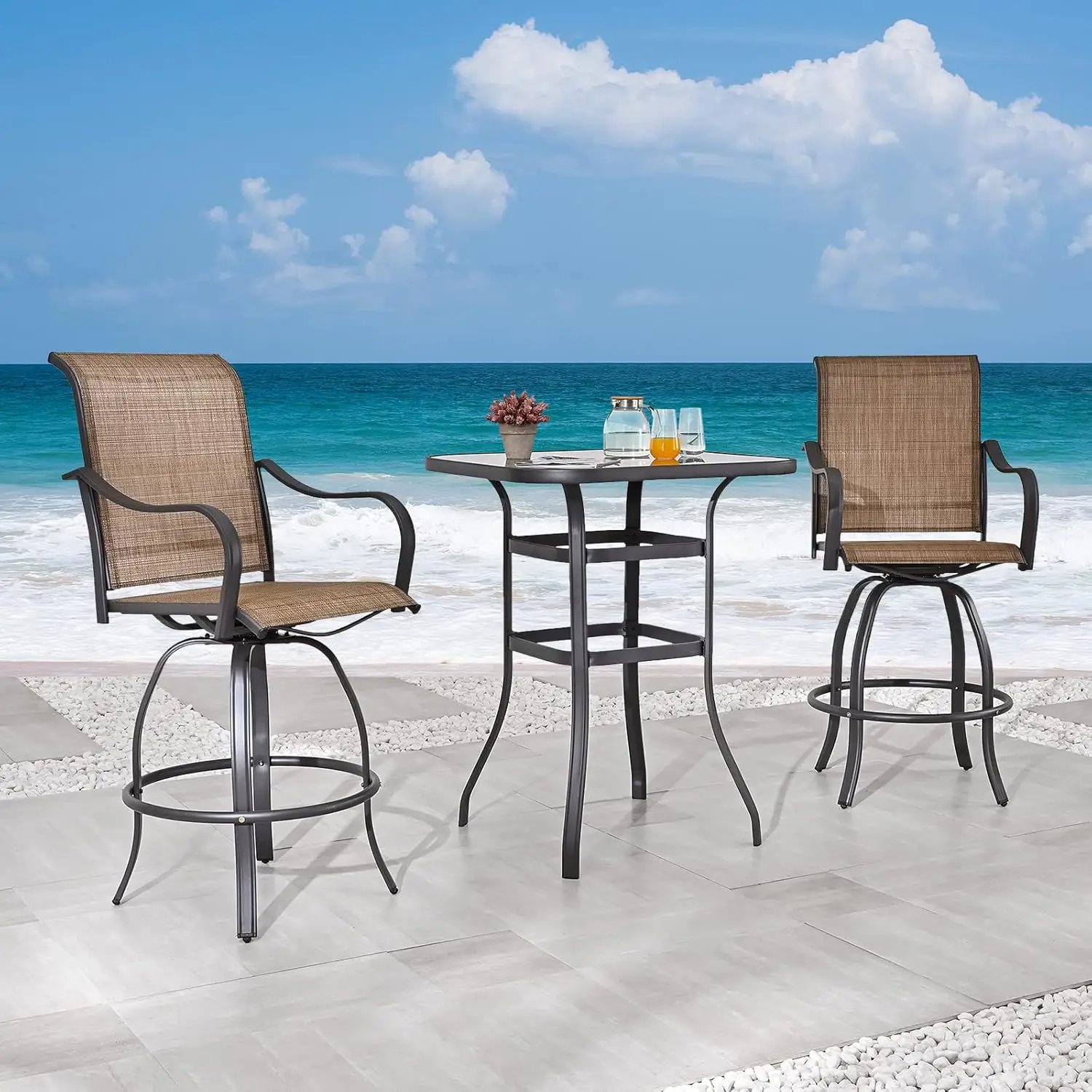 

Festival Depot 3 Pcs Patio Bistro Set 360° Swivel Chairs with Bar Height Table with Tempered Glass Top Outdoor Furniture