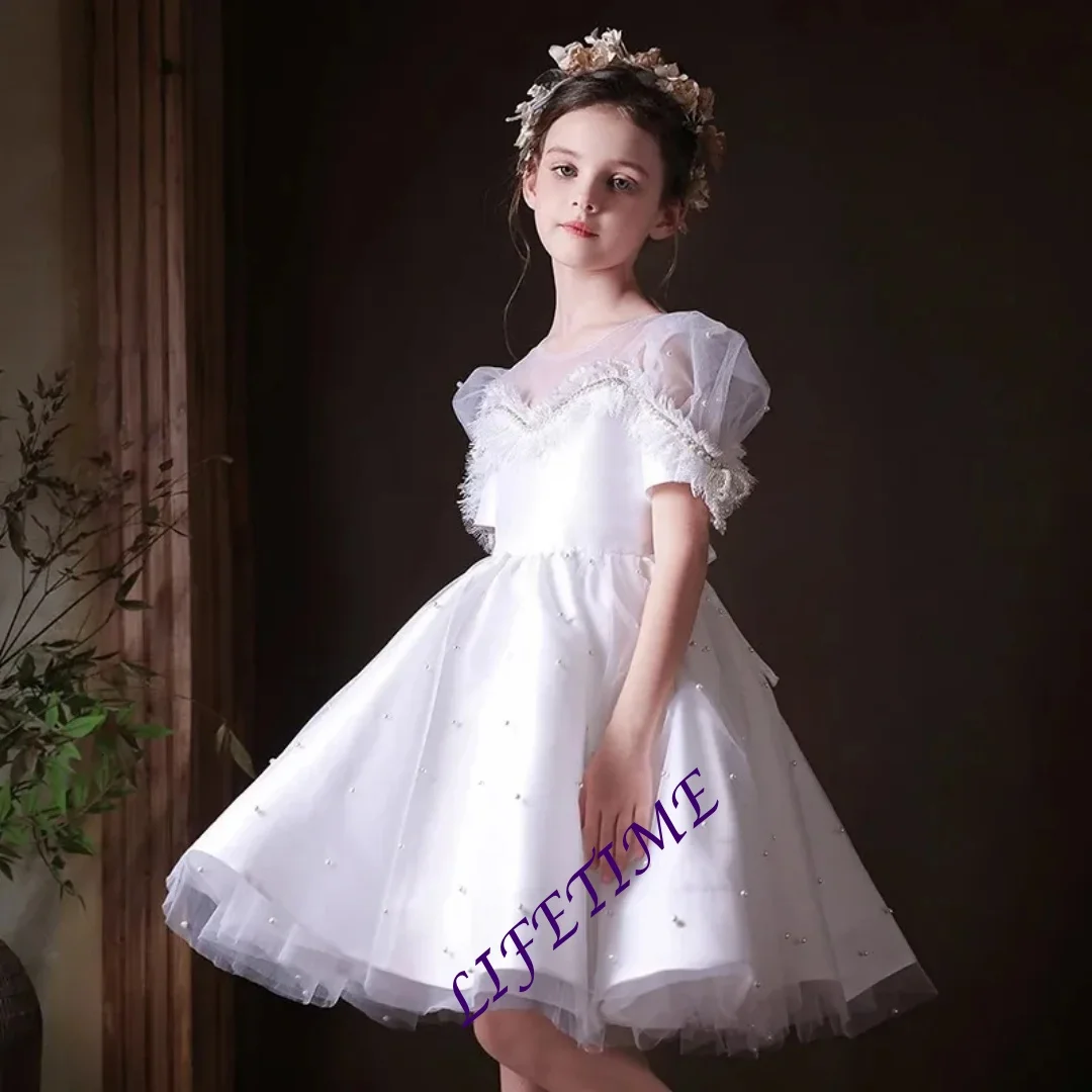 Elegant White Pearls Girls Dress Kids Princess Birthday Wedding Party Holiday Formal Gown Customizable Sizes And Colors