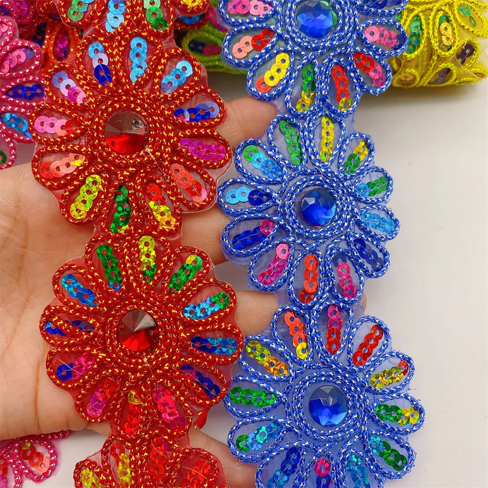 4meters Colorful Sew on  Rhinestone lace trim Lace fabric For Bridal Wedding  wide:6cm