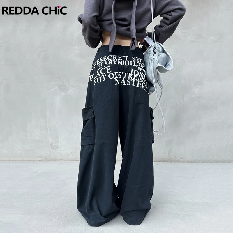 REDDACHiC Women's Parachute Cargo Jeans Multi-pocket Letter Print Pleat Low Waist Wide Leg Denim Pants Street Vintage Workwear
