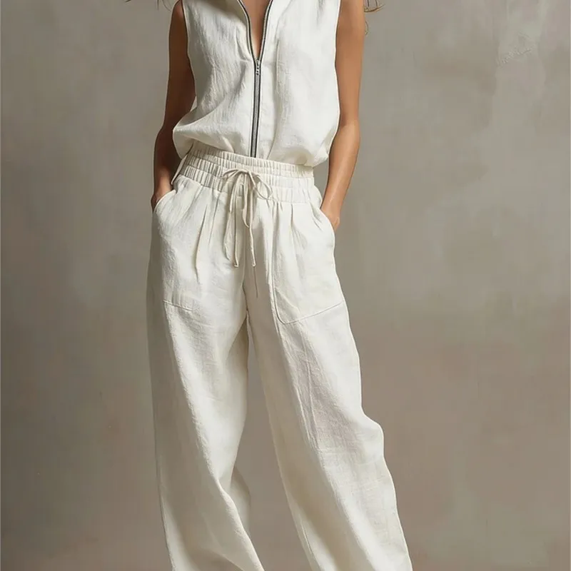 2026 Summer Women's Pants Set Solid Color Casual Loose Fashion Comfortable Minimalist Daily Commuter Wear Top Zipper Pants Set