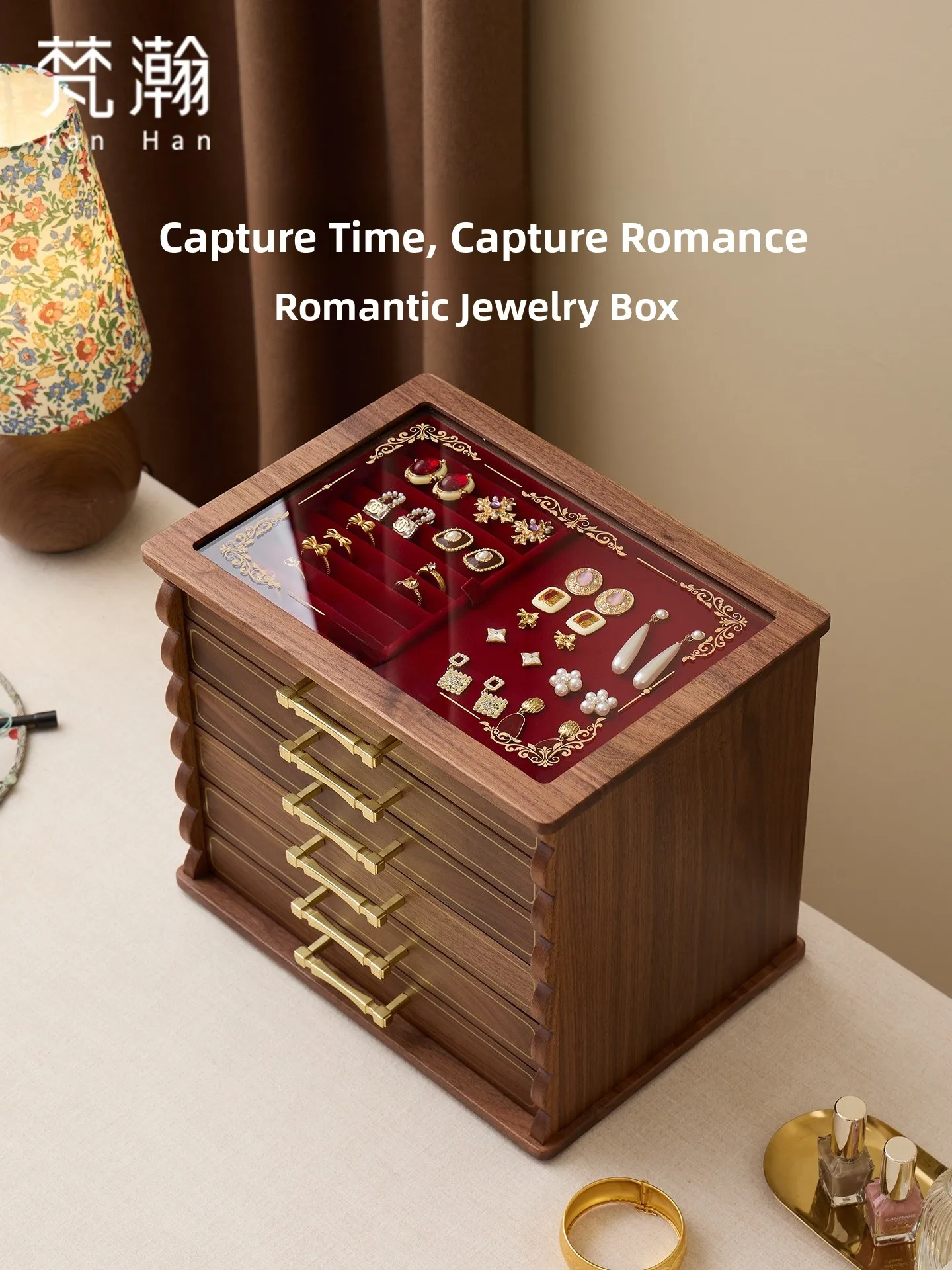 

Fanhuan Wooden Jewelry Box Vintage Large Capacity Luxury Storage Box Multi-layer Retro Handbag Box Wedding Gift Home Storage
