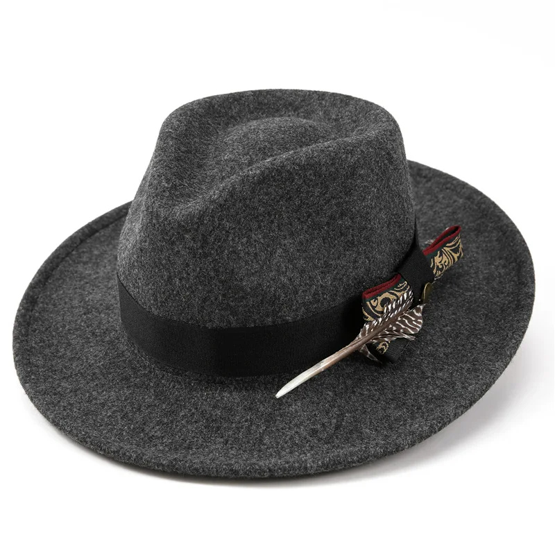 Breitkrempiger Fedora-Hut für Herren mit Federband, Vintage Jazz-Hut, Herbst-Winter, Hochzeit, Party, Reisen, Casual, Mode, formelle Kopfbedeckung – Detail 9