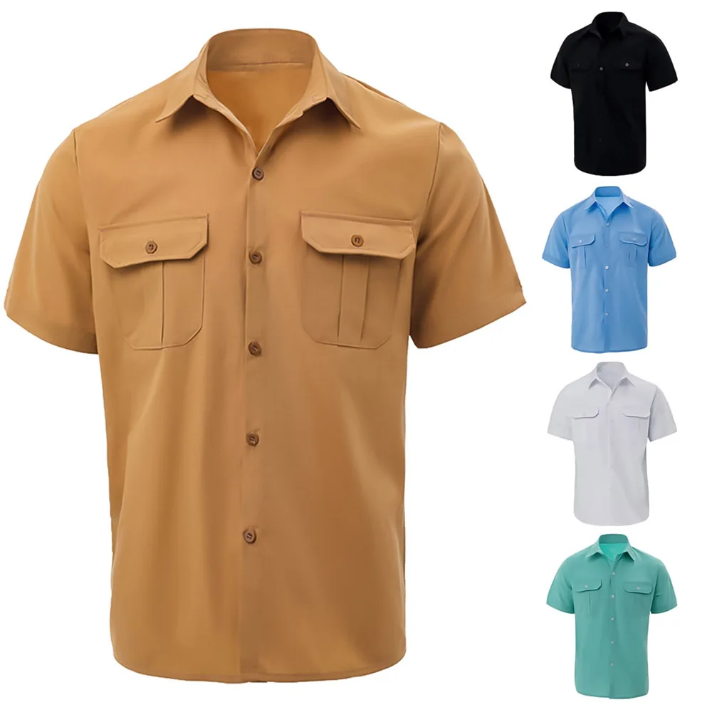 2026 New Summer Men's Casual Short Sleeve Shirt Solid Color Breathable Double Pocket American Style Open Front Shirt