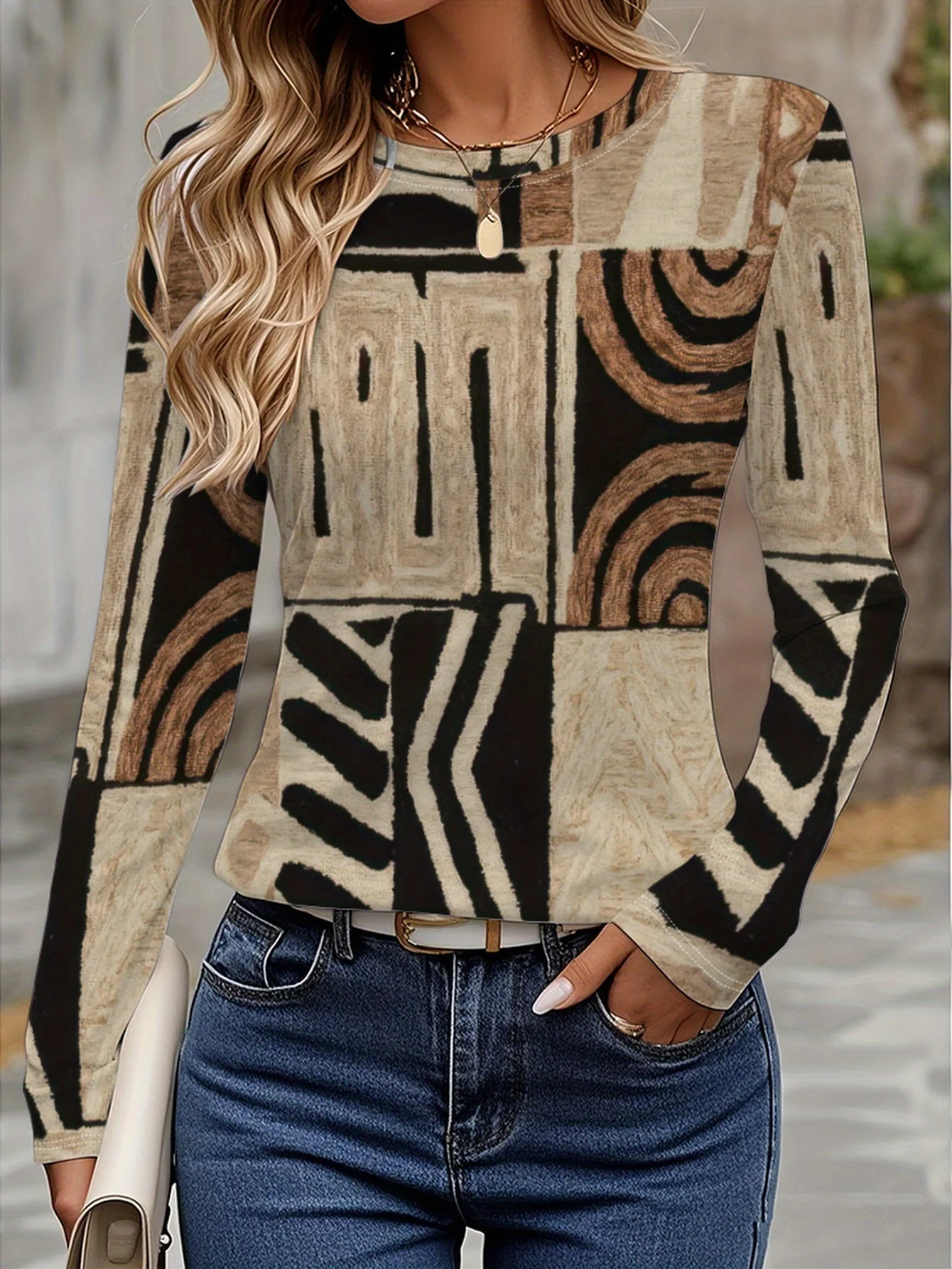 Irregular geometric pattern, loose fit, casual round neck, long-sleeved top for women, everyday creative oil painting design.