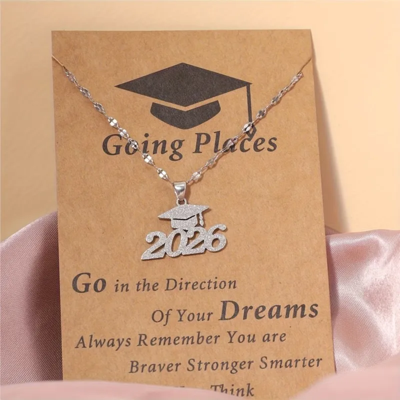 Stainless Steel Matte Golden Mortarboard Featuring Number 2026 Pendant Necklace for Women Graduation Memorial Jewelry Gifts