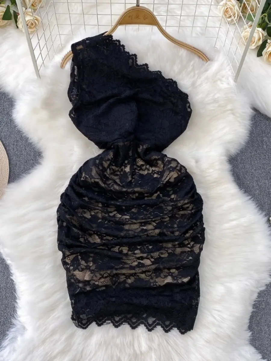 Foamlina 섹시한 비대칭 오프 숄더 레이스 패치 워크 패딩 드레스 여성 여름 우아한 허리 슬림 미니 블랙 스커트 Chic