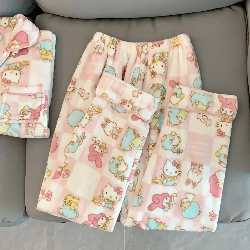 

Sanrio Girls Long Sleeve 2Pcs Hello Kittys Children New Style Pajamas Coral Velvet Cute Plush Thickened Flannel Home Clothes Hot