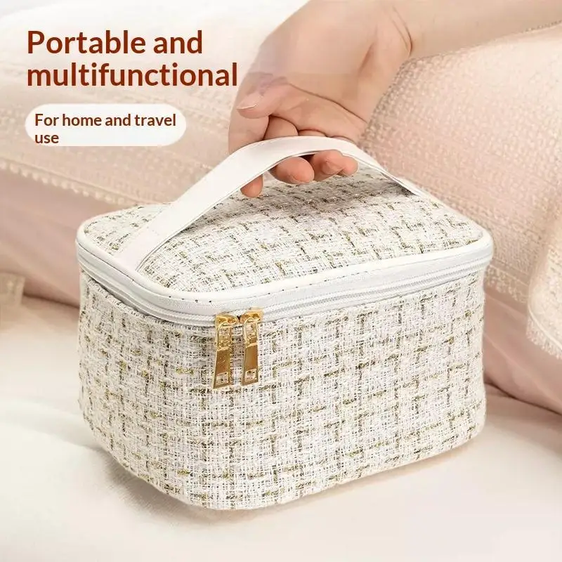 Portable Large Capacity Cosmetic Bag Smooth Double Zippers Comfortable Handle For Travel Daily Toiletry Storage
