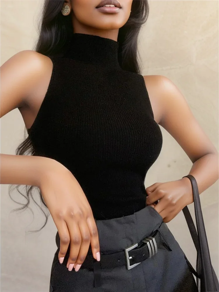 Turtleneck Knitted Tank Top for Women's Summer Sleeveless Elastic Sexy Slim Basic Tops Streetwear