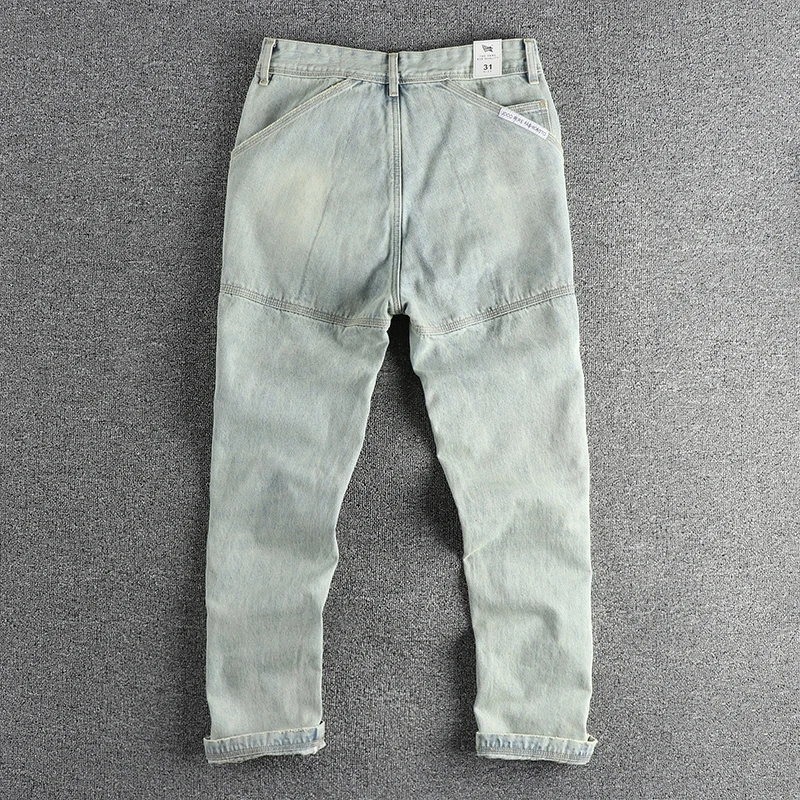 Heavy wash cat must do old light blue ground white jeans men's retro American cargo small straight logging pants long pants