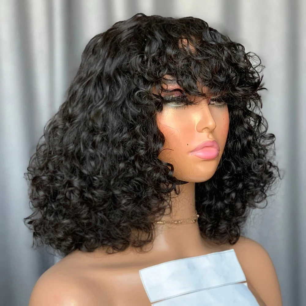 250% Deep wave Bob Short Cut Human Hair Wigs With Bangs 200% Brazilian Remy Hair Fring Wig 8-16